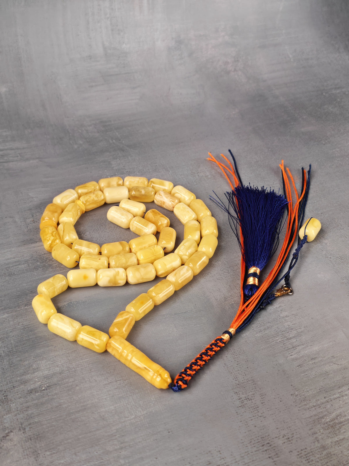 Tiger Baltic Amber Misbah | 45 Barrel Beads | 14 x 8.6mm | Butterscotch | 36.6g