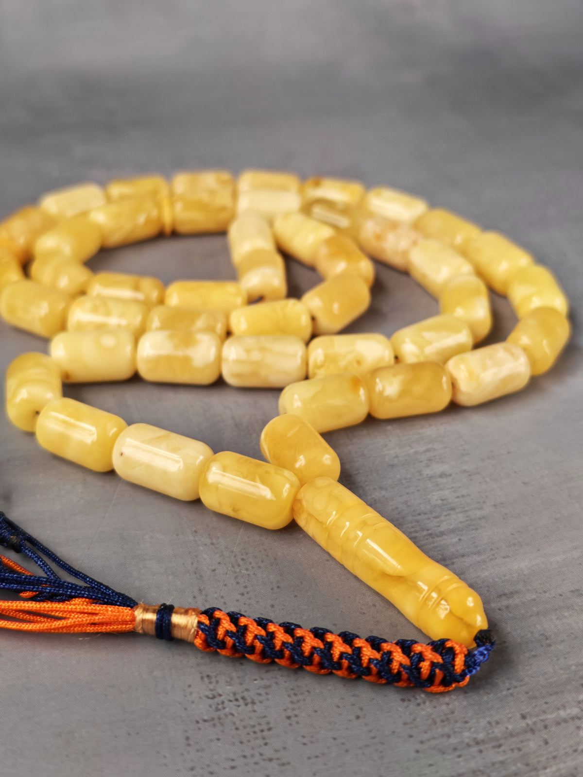 Tiger Baltic Amber Misbah | 45 Barrel Beads | 14 x 8.6mm | Butterscotch | 36.6g