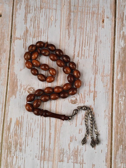 Antique Kokka Seed Wood Tasbih | 33 Olive Beads | Ottoman Egyptian | Antique Silver Tassel | 40.1g