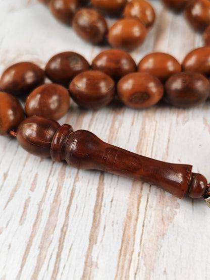 Antique Kokka Seed Wood Tasbih | 33 Olive Beads | Ottoman Egyptian | Antique Silver Tassel | 40.1g