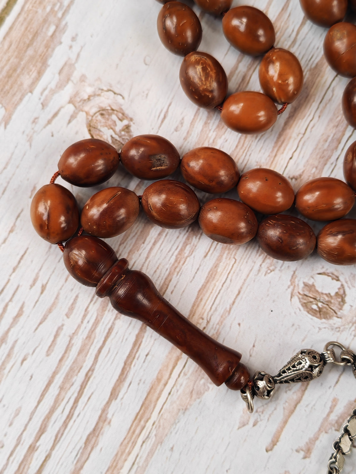 Antique Kokka Seed Wood Tasbih | 33 Olive Beads | Ottoman Egyptian | Antique Silver Tassel | 40.1g