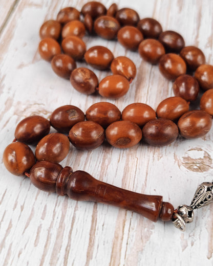 Antique Kokka Seed Wood Tasbih | 33 Olive Beads | Ottoman Egyptian | Antique Silver Tassel | 40.1g