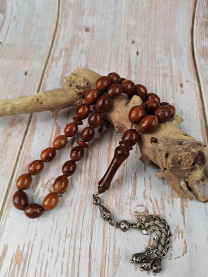 Antique Kokka Seed Wood Tasbih | 33 Olive Beads | Ottoman Egyptian | Antique Silver Tassel | 40.1g