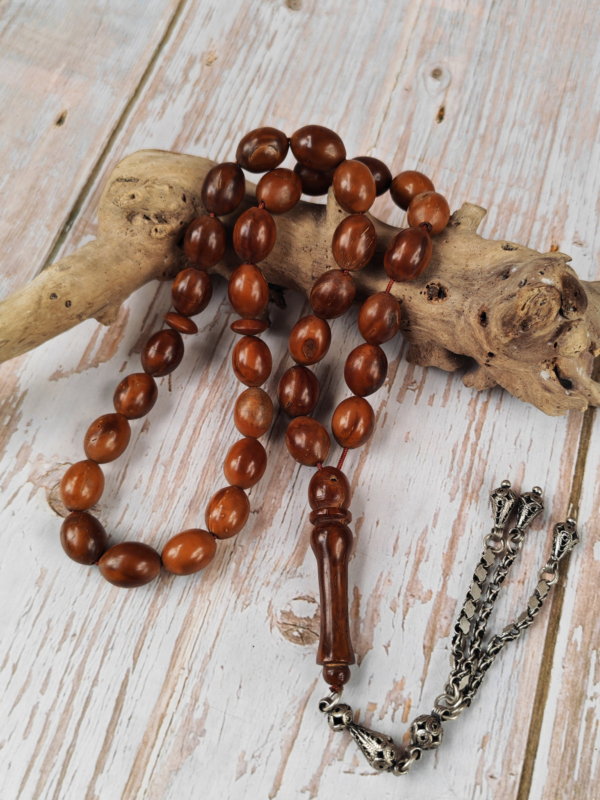 Antique Kokka Seed Wood Tasbih | 33 Olive Beads | Ottoman Egyptian | Antique Silver Tassel | 40.1g