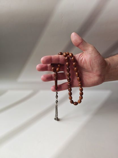 Antique Kokka Seed Wood Tasbih | 33 Olive Beads | Ottoman Egyptian | Antique Silver Tassel | 40.1g