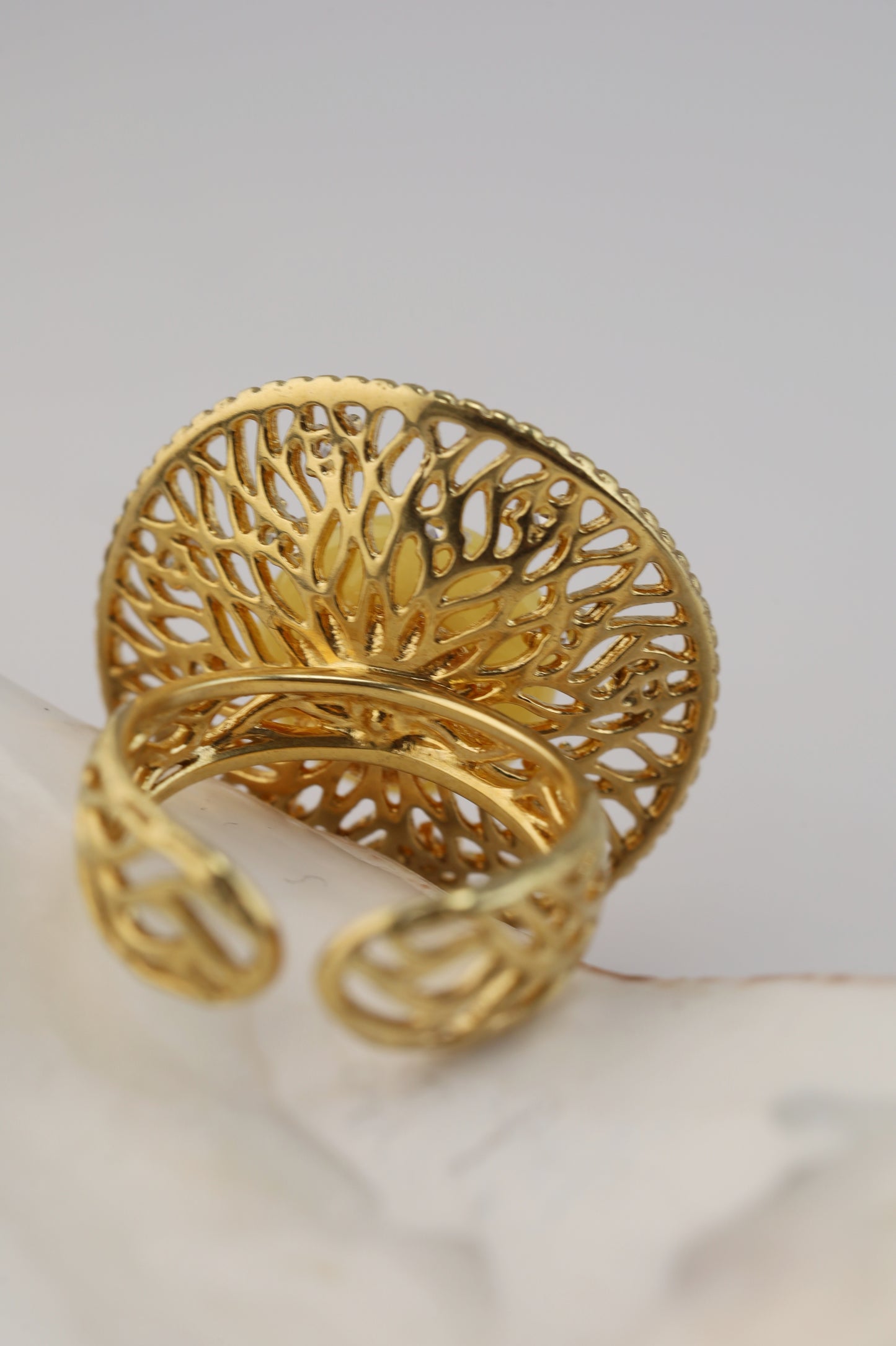 Supertree Ring with Royal White Amber and Cubic Zirconias in Gold Plated Silver