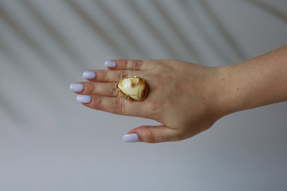 Irregular Royal White Amber Ring With Gold Plated Frame And Green Topaz