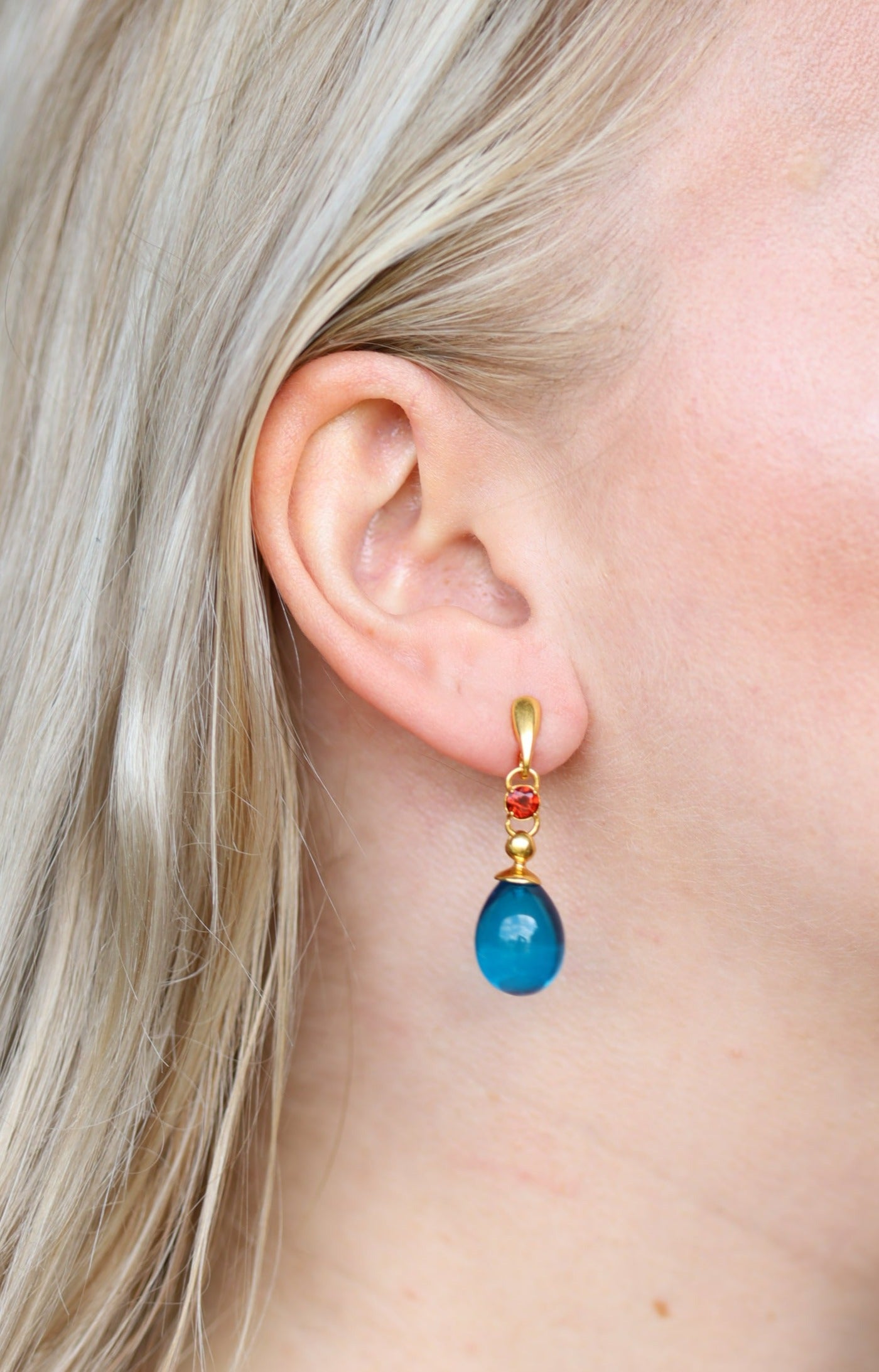 Blue Amber Olive Shape Dangling Earrings with Almandine Garnet in 14K Gold Plated Silver