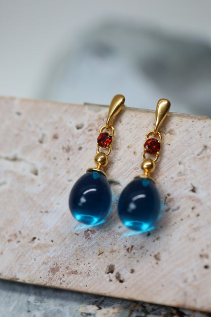 Blue Amber Olive Shape Dangling Earrings with Almandine Garnet in 14K Gold Plated Silver