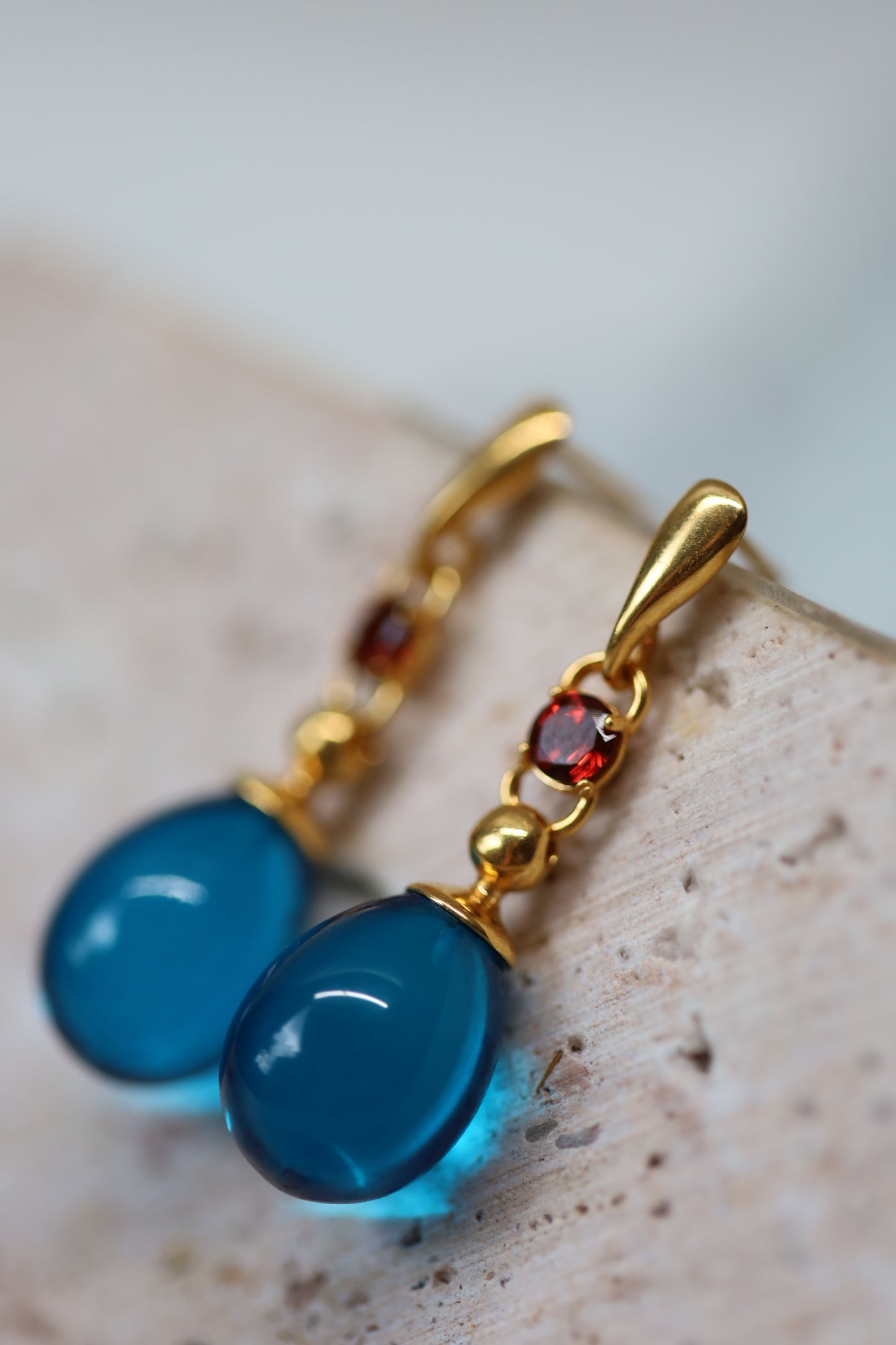 Blue Amber Olive Shape Dangling Earrings with Almandine Garnet in 14K Gold Plated Silver