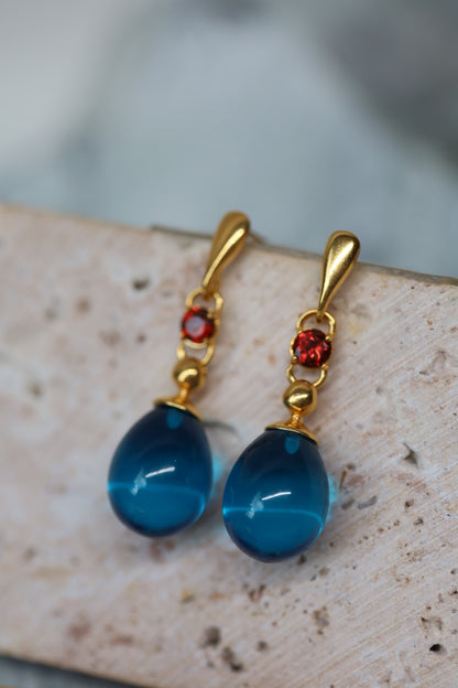 Blue Amber Olive Shape Dangling Earrings with Almandine Garnet in 14K Gold Plated Silver