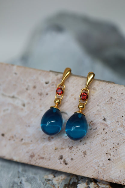 Blue Amber Olive Shape Dangling Earrings with Almandine Garnet in 14K Gold Plated Silver