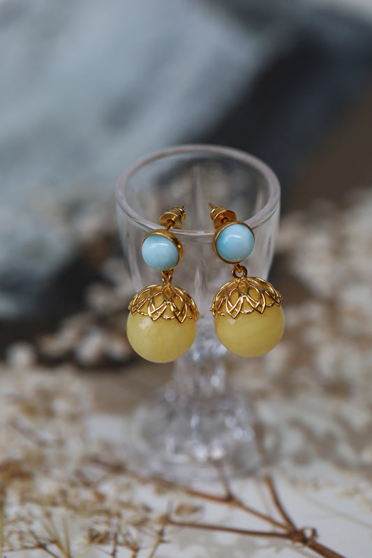 Milk Amber and Larimar Ball Dangling Earrings in Gold Plated Silver 925