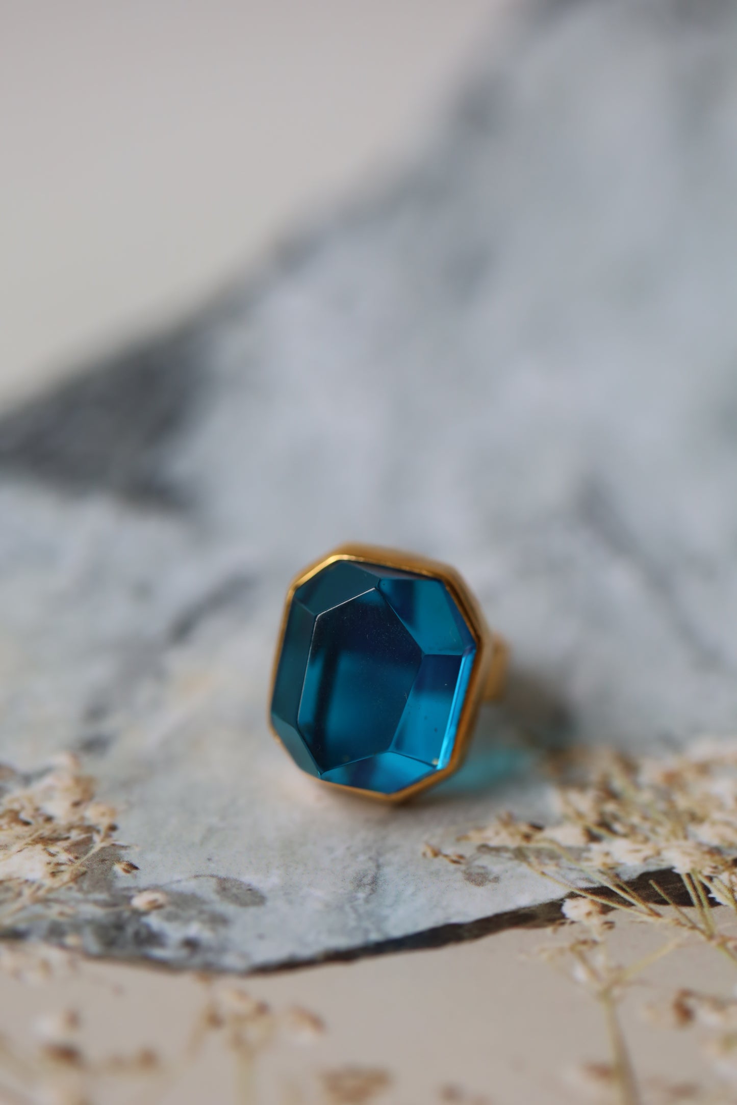 Irregular Blue Amber Ring in Gold Plated Silver