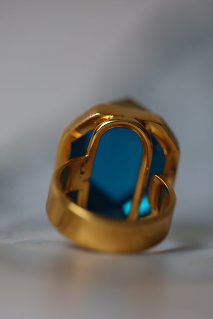 Irregular Blue Amber Ring in Gold Plated Silver