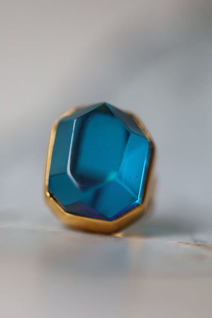 Irregular Blue Amber Ring in Gold Plated Silver