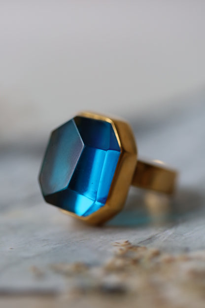 Irregular Blue Amber Ring in Gold Plated Silver