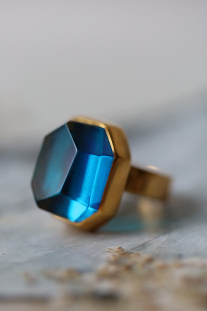 Irregular Blue Amber Ring in Gold Plated Silver