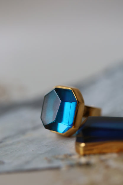 Irregular Blue Amber Ring in Gold Plated Silver