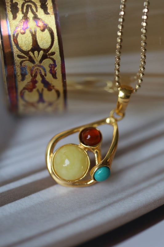 Butterscotch Amber, Cherry Amber and Iranian Turquoise Gold Plated Pendant
