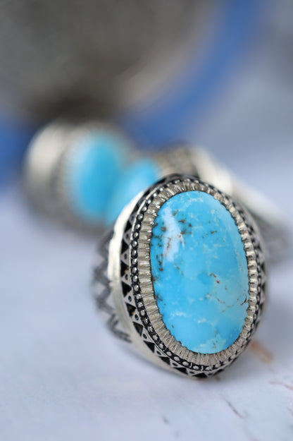 Large Persian Turquoise Ring in Silver – Neyshabur | Handcrafted by Rafiee