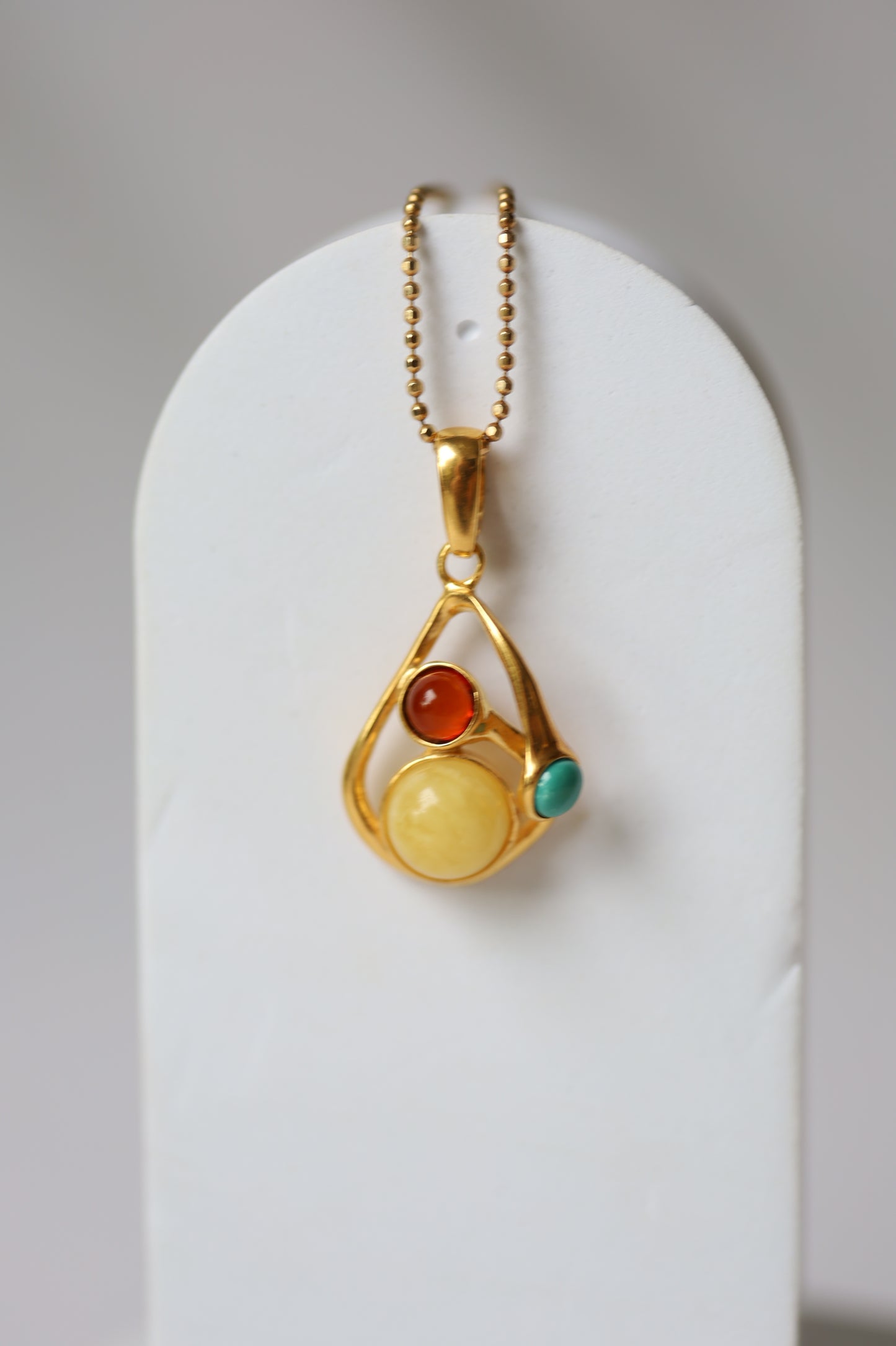 Butterscotch Amber, Cherry Amber and Iranian Turquoise Gold Plated Pendant