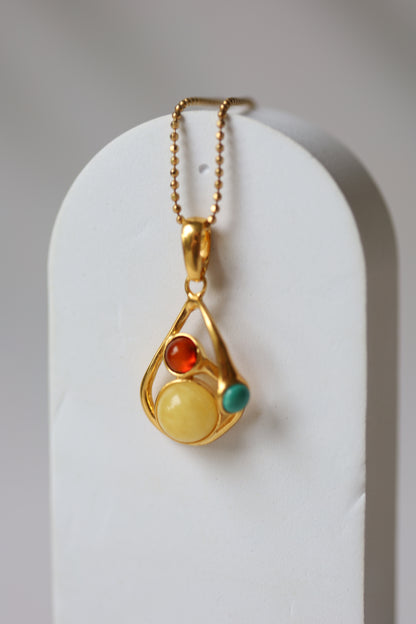 Butterscotch Amber, Cherry Amber and Iranian Turquoise Gold Plated Pendant