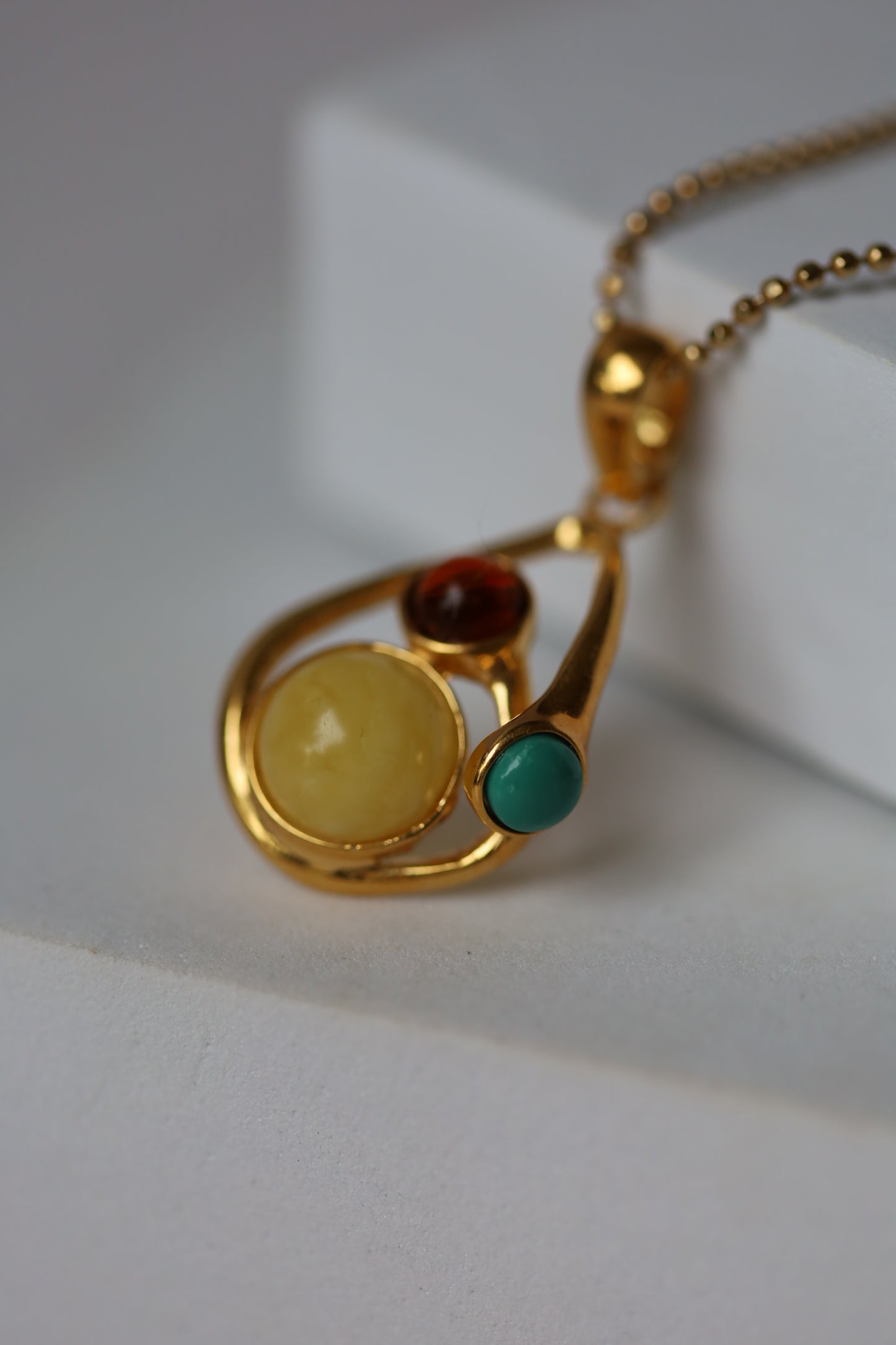 Butterscotch Amber, Cherry Amber and Iranian Turquoise Gold Plated Pendant