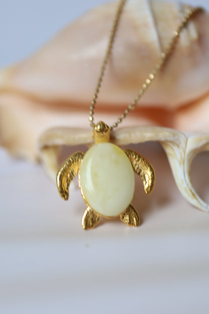 Royal White / Milk Amber Turtle Shape Pendant in Gold Plated Silver 925