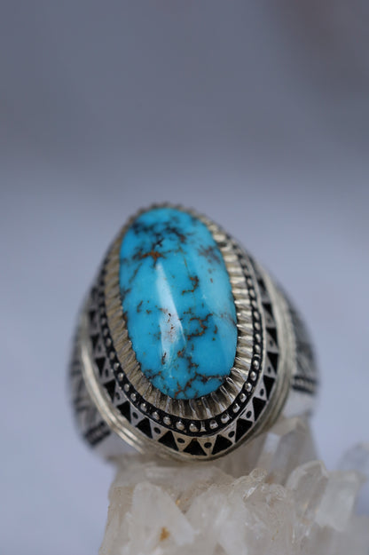 Persian Turquoise Ring – Neyshabur | Long Oval | 925 Silver