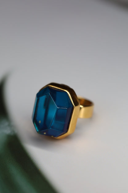 Irregular Blue Amber Ring in Gold Plated Silver