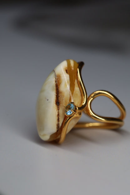 Royal White Amber Ring with Blue Topaz