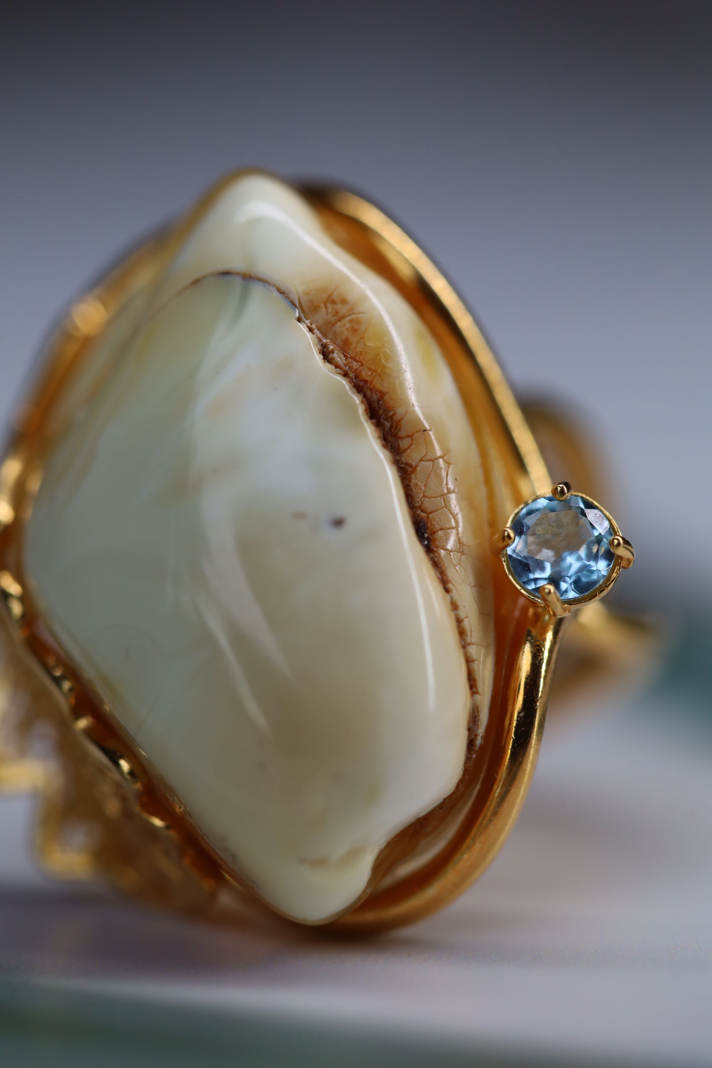 Royal White Amber Ring with Blue Topaz