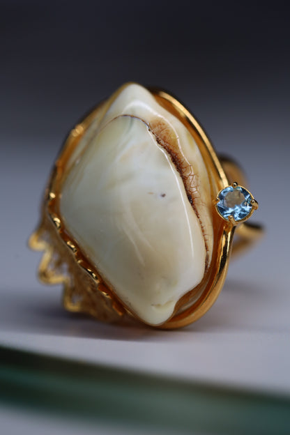 Royal White Amber Ring with Blue Topaz