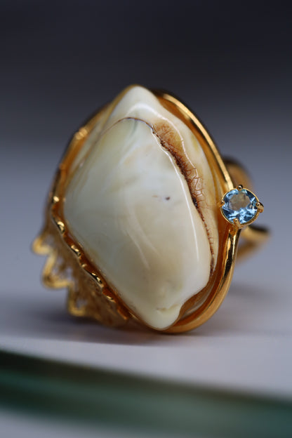 Royal White Amber Ring with Blue Topaz