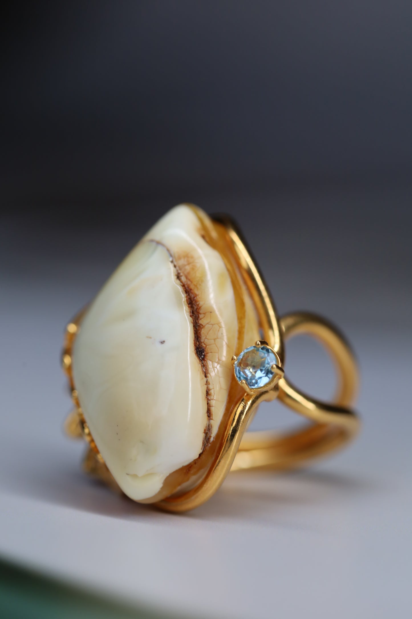 Royal White Amber Ring with Blue Topaz