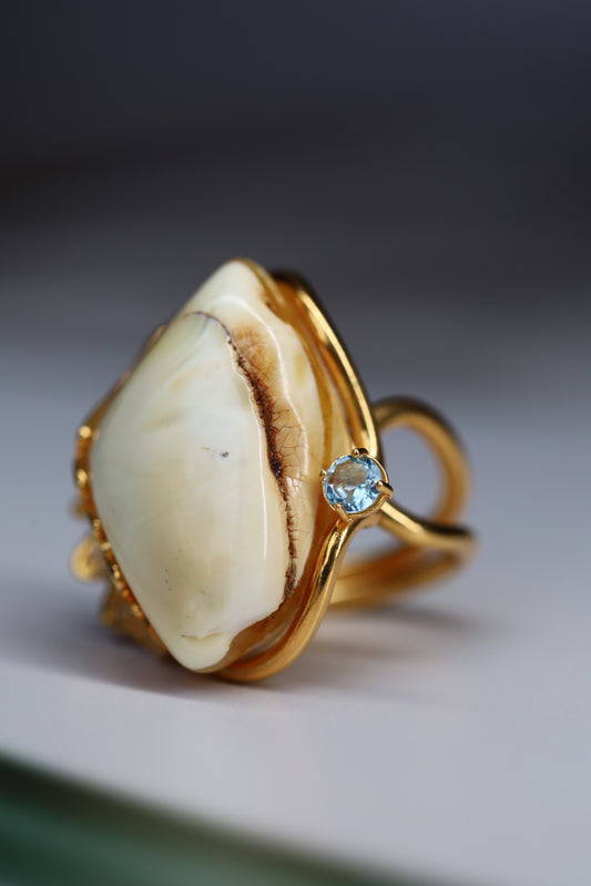 Royal White Amber Ring with Blue Topaz