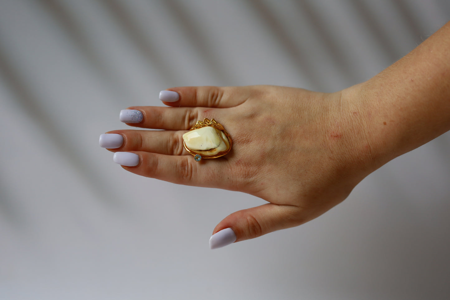 Royal White Amber Ring with Blue Topaz