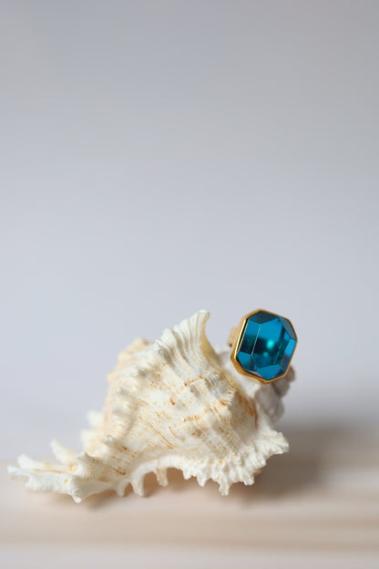 Irregular Blue Amber Ring in Gold Plated Silver