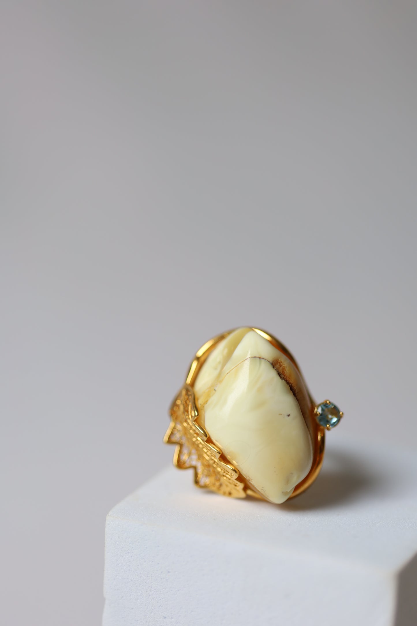 Royal White Amber Ring with Blue Topaz