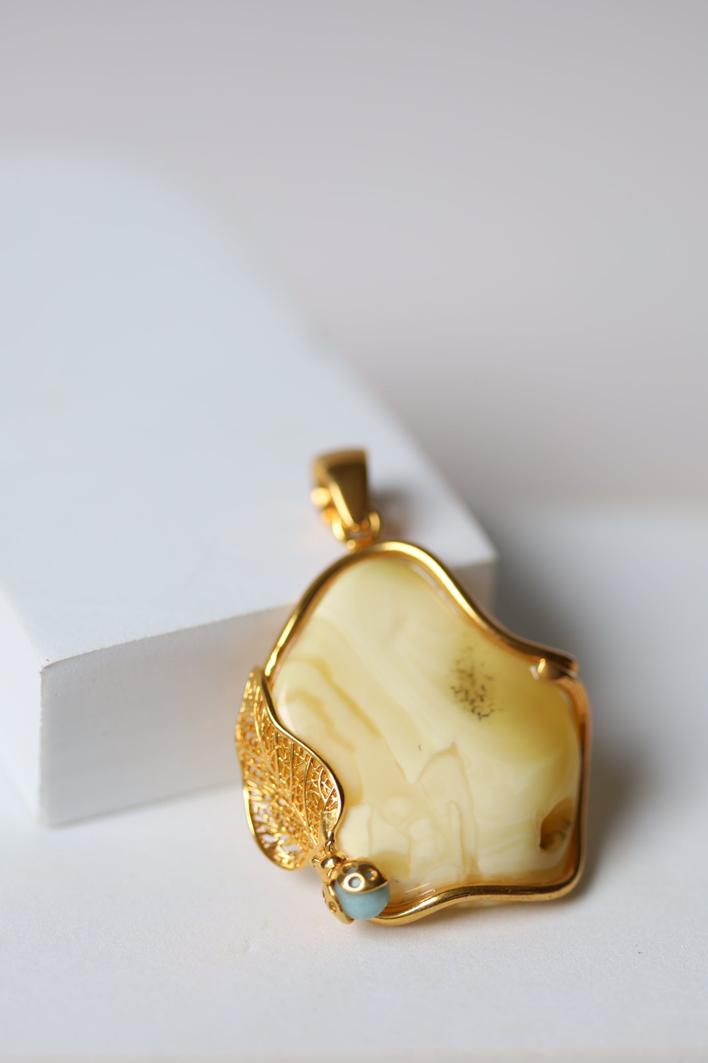 Unique Natural Royal White / Honey Amber Handmade Pendant in Gold Plated Silver with Larimar