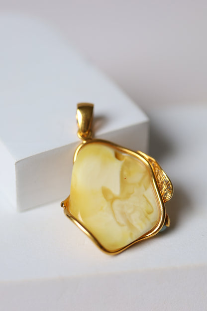Unique Natural Royal White / Honey Amber Handmade Pendant in Gold Plated Silver with Larimar