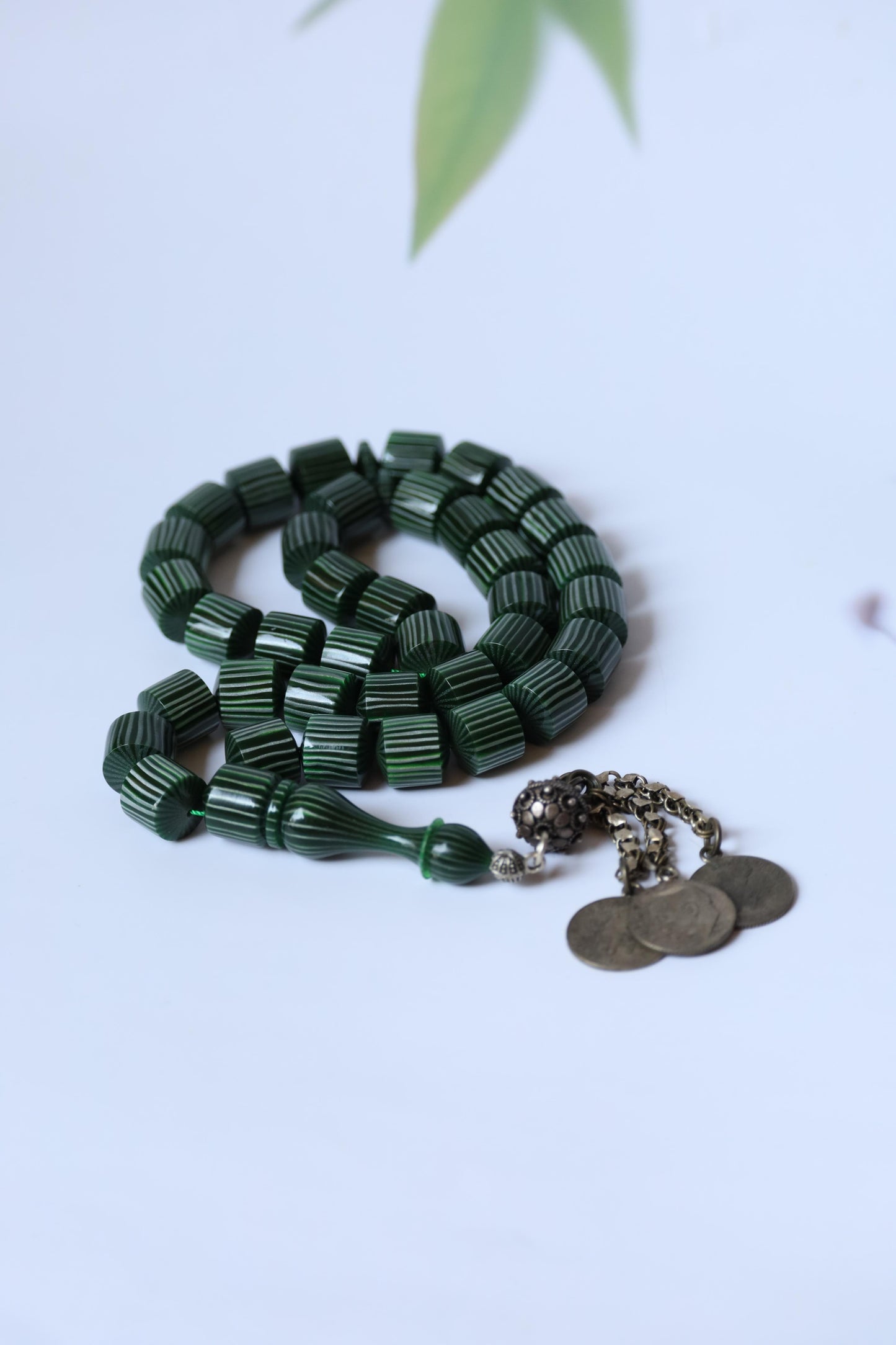 Dark Green 'Watermelon' Striped French Galalith Tasbih 37 Beads