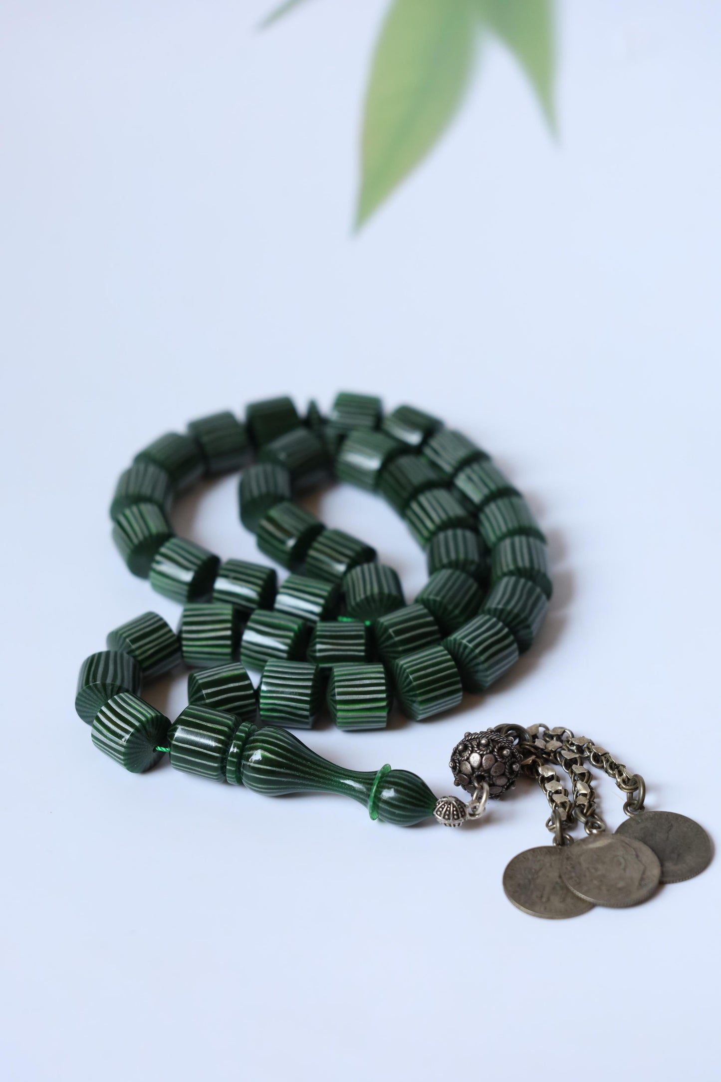 Dark Green 'Watermelon' Striped French Galalith Tasbih 37 Beads