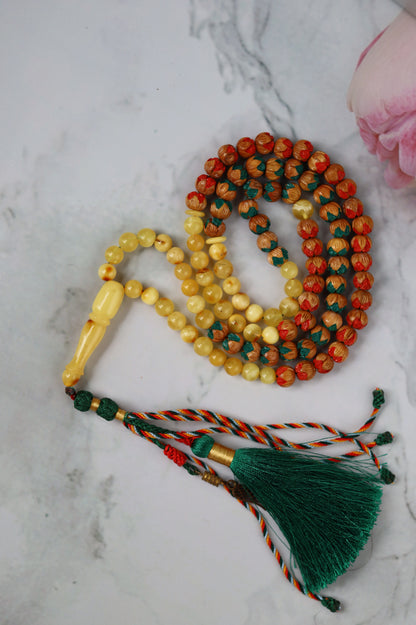 Handcarved Cherry Wood & Raw Multicolor Amber Rosary – 99 Beads