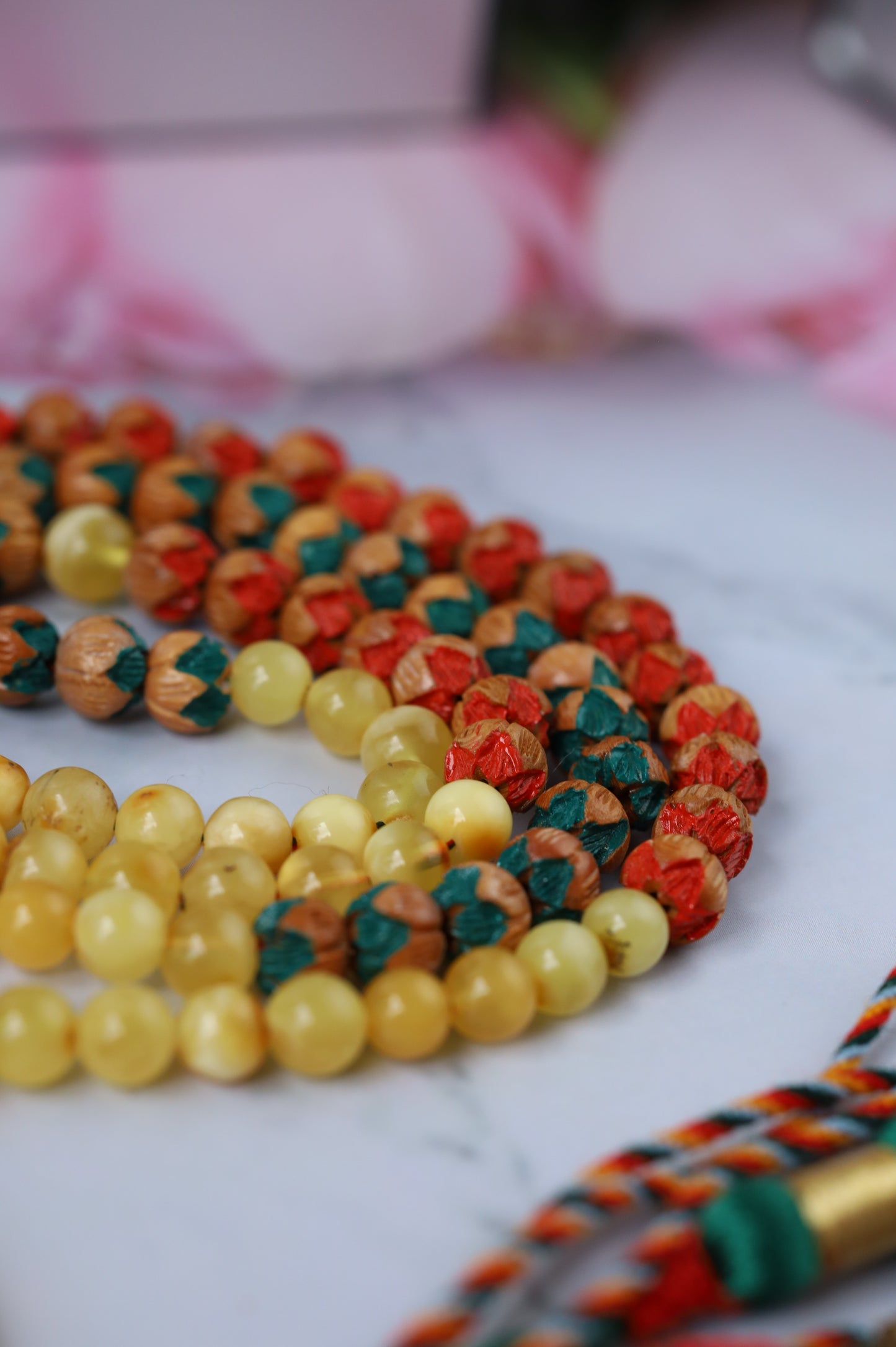 Handcarved Cherry Wood & Raw Multicolor Amber Rosary – 99 Beads