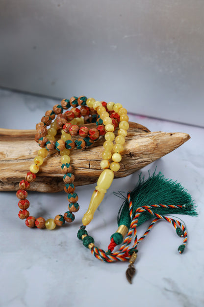 Handcarved Cherry Wood & Raw Multicolor Amber Rosary – 99 Beads