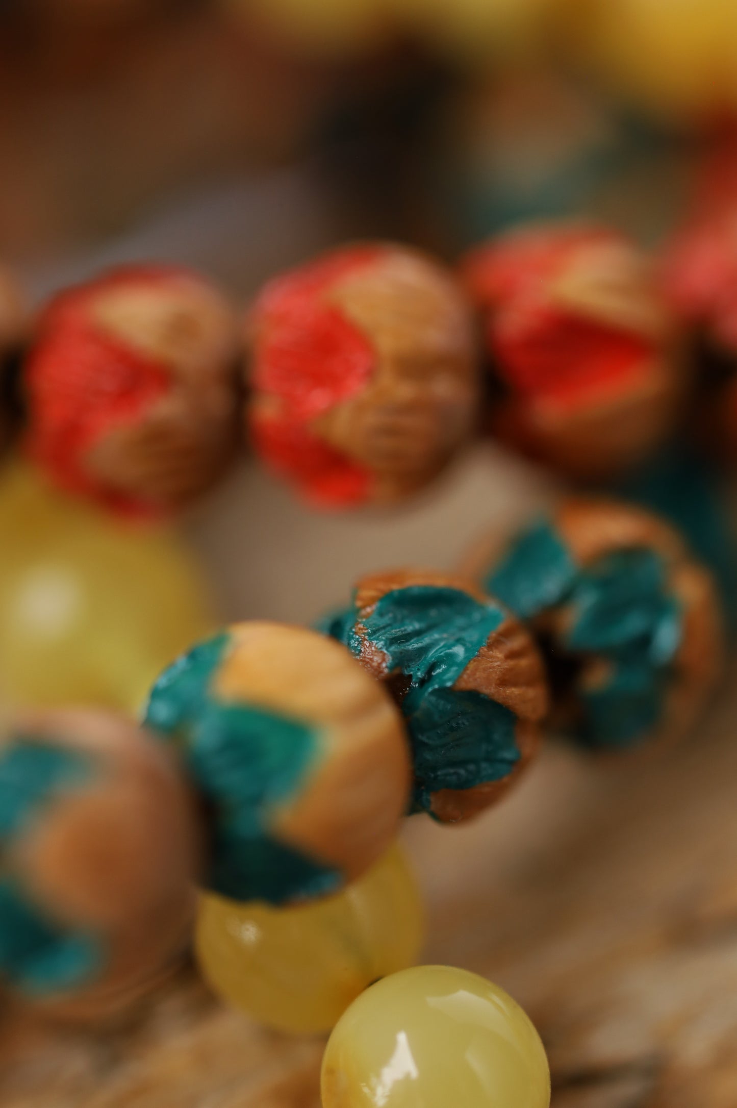 Handcarved Cherry Wood & Raw Multicolor Amber Rosary – 99 Beads