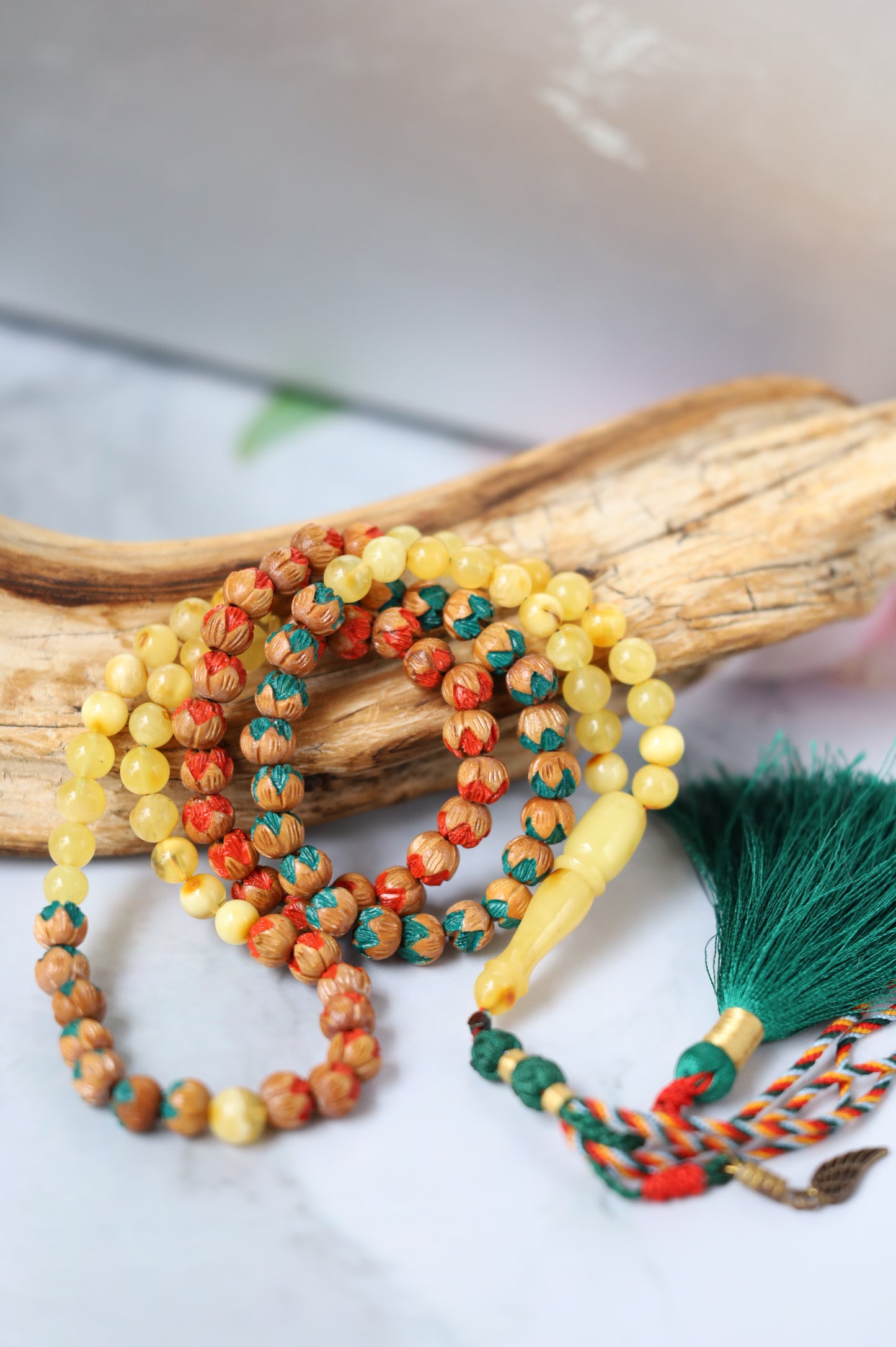 Handcarved Cherry Wood & Raw Multicolor Amber Rosary – 99 Beads