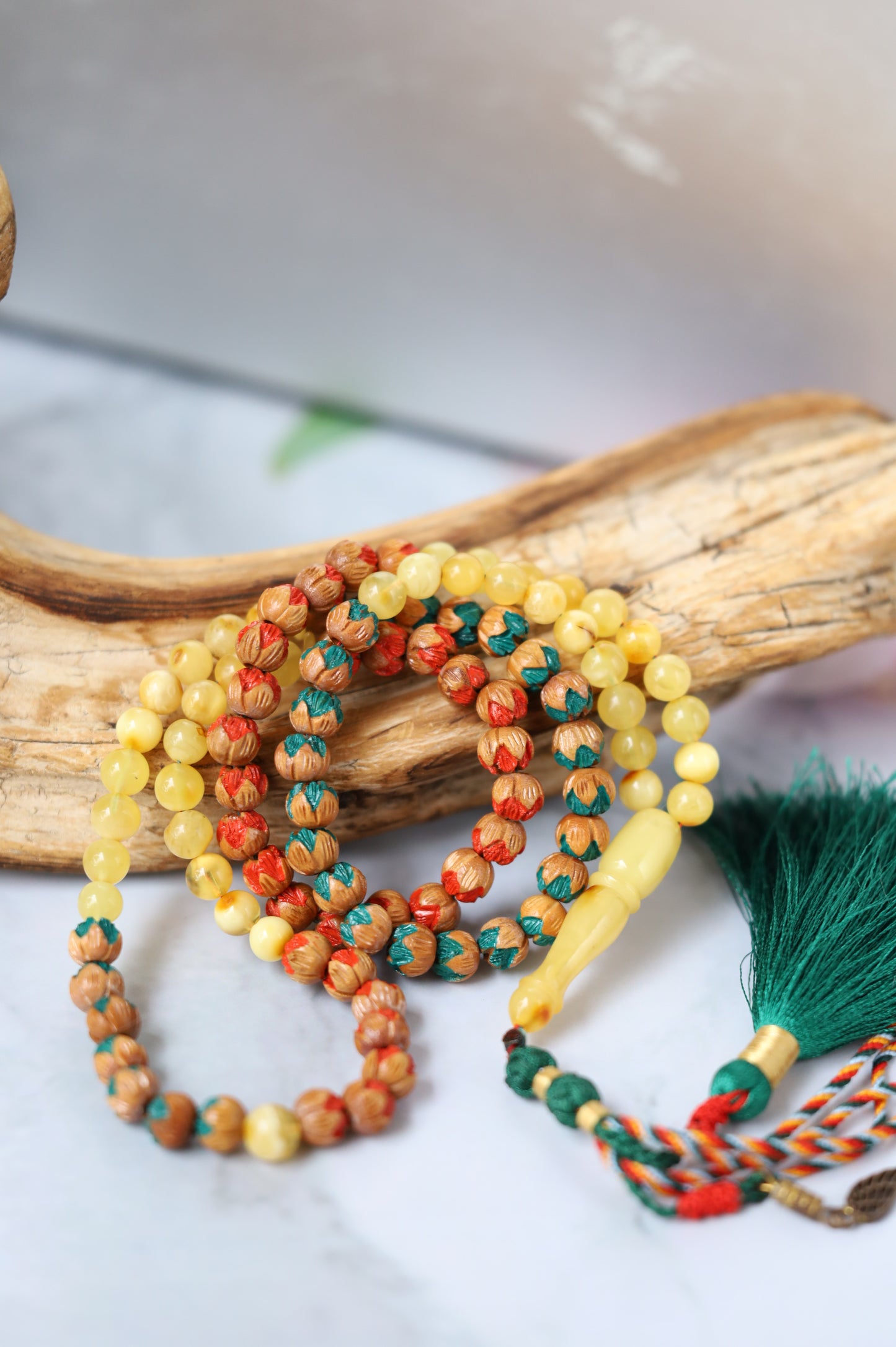 Handcarved Cherry Wood & Raw Multicolor Amber Rosary – 99 Beads